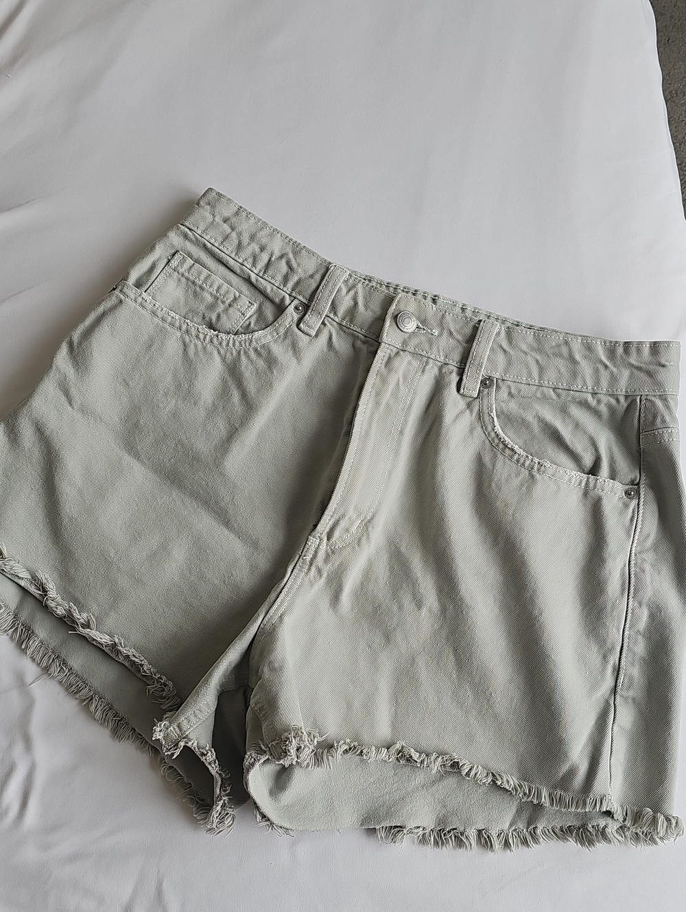 Dynamite Light Green Frayed Hem Denim Shorts